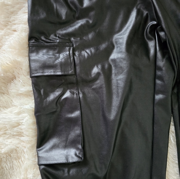 Black Faux Leather Strapless Cargo Jumpsuit size M - Picture 14 of 16